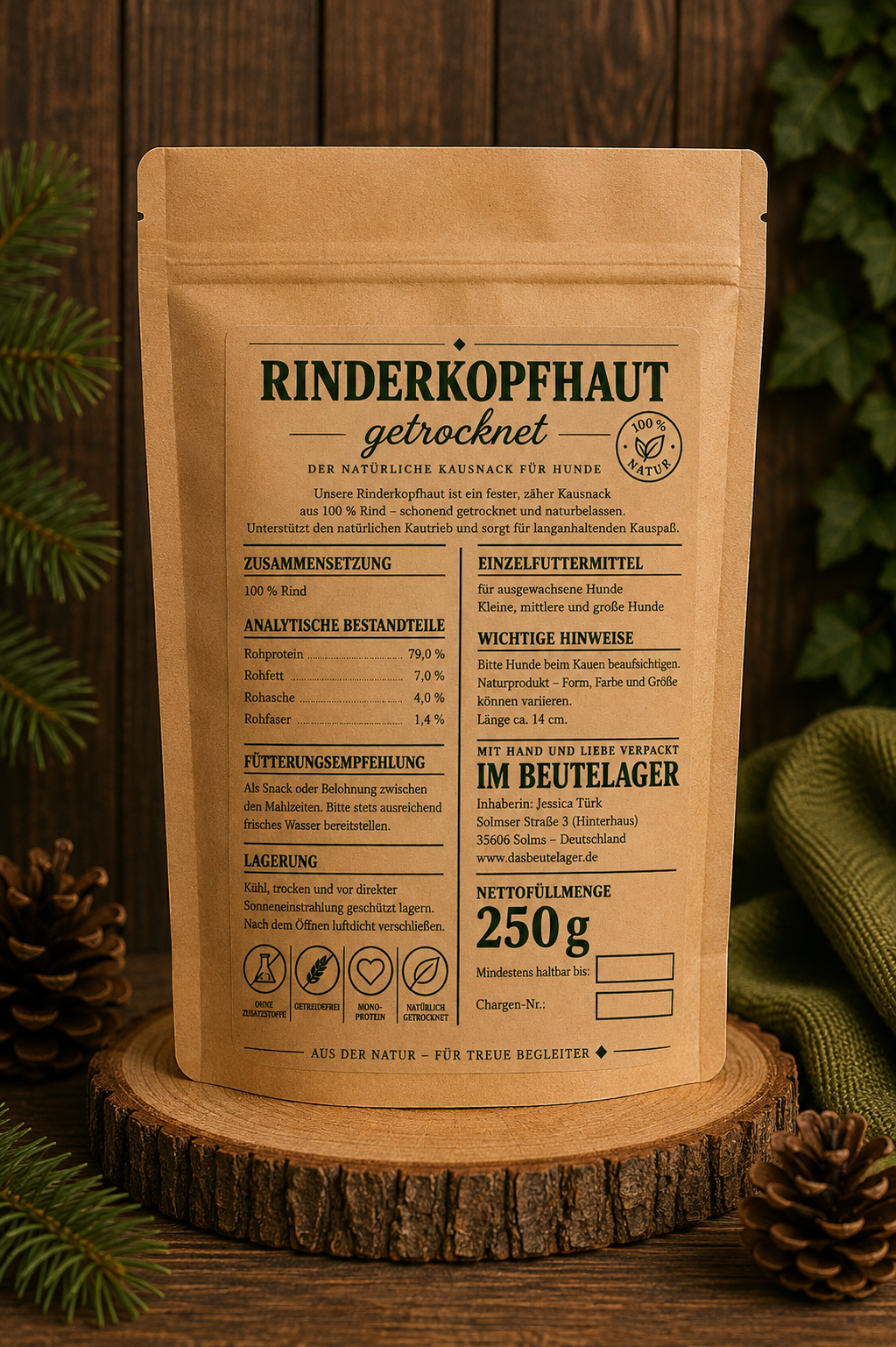 Rinderkopfhaut ca. 14 cm, 250g