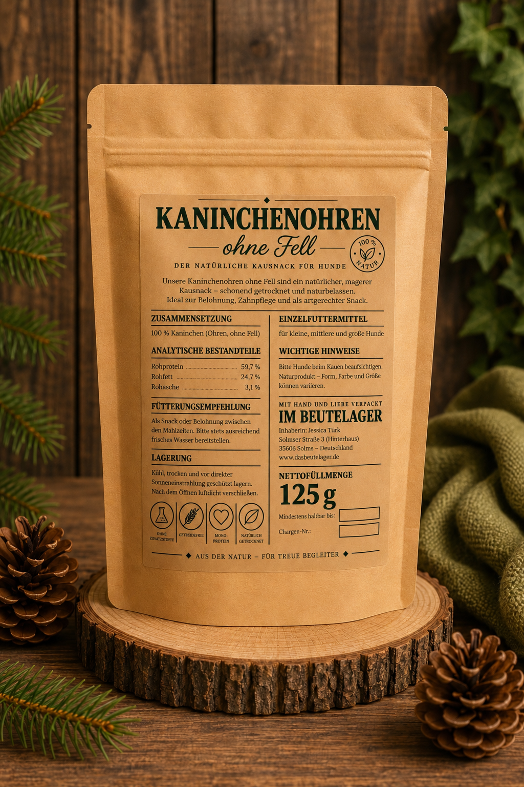 Kaninchenohren Natur, ohne Fell, 125g
