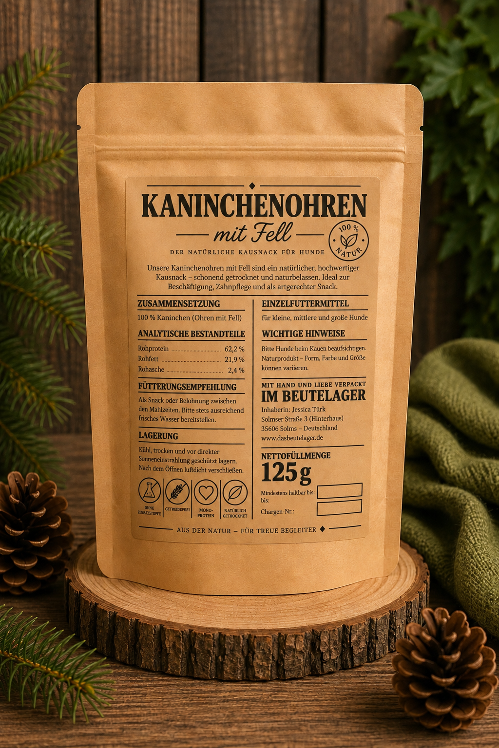 Kaninchenohren mit Fell, 125g